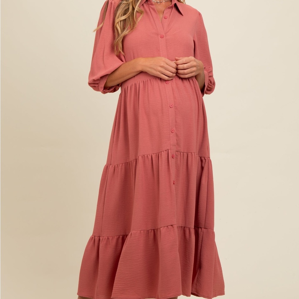 Chic Long Sleeve Pink Maxi Dress